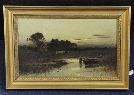 Konrad Alexander Muller-Kurzwelly (German, 1855-1914) Punt and farmhouse at sunset 8 x 13.5in.